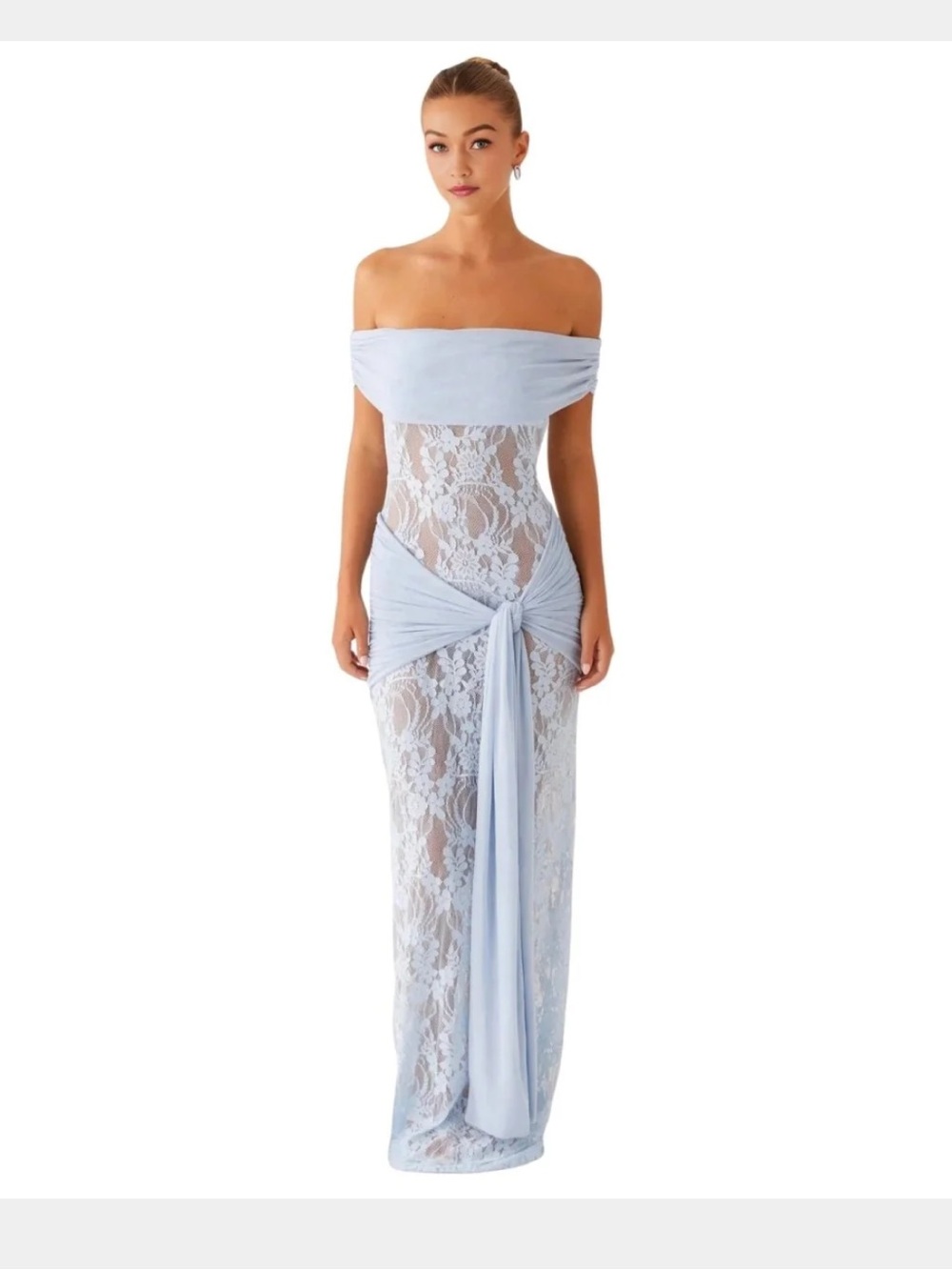 Sheer Off-Shoulder Lace Maxi Gown with Front Knot